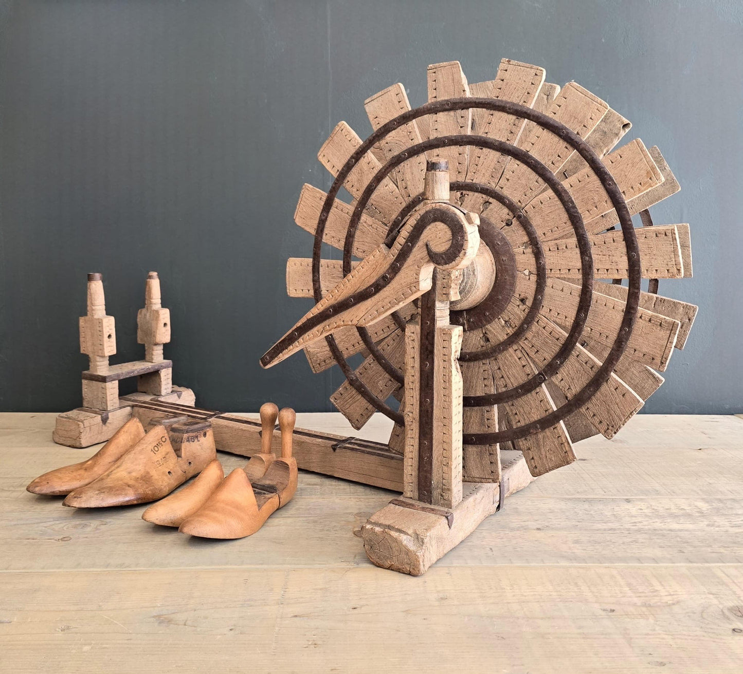 1900s Antique Wooden Indian Silk Floor Charka Spinning Wheel