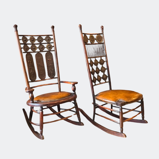 Antique 1910 Oak and Leather Pair of Rocking Chairs