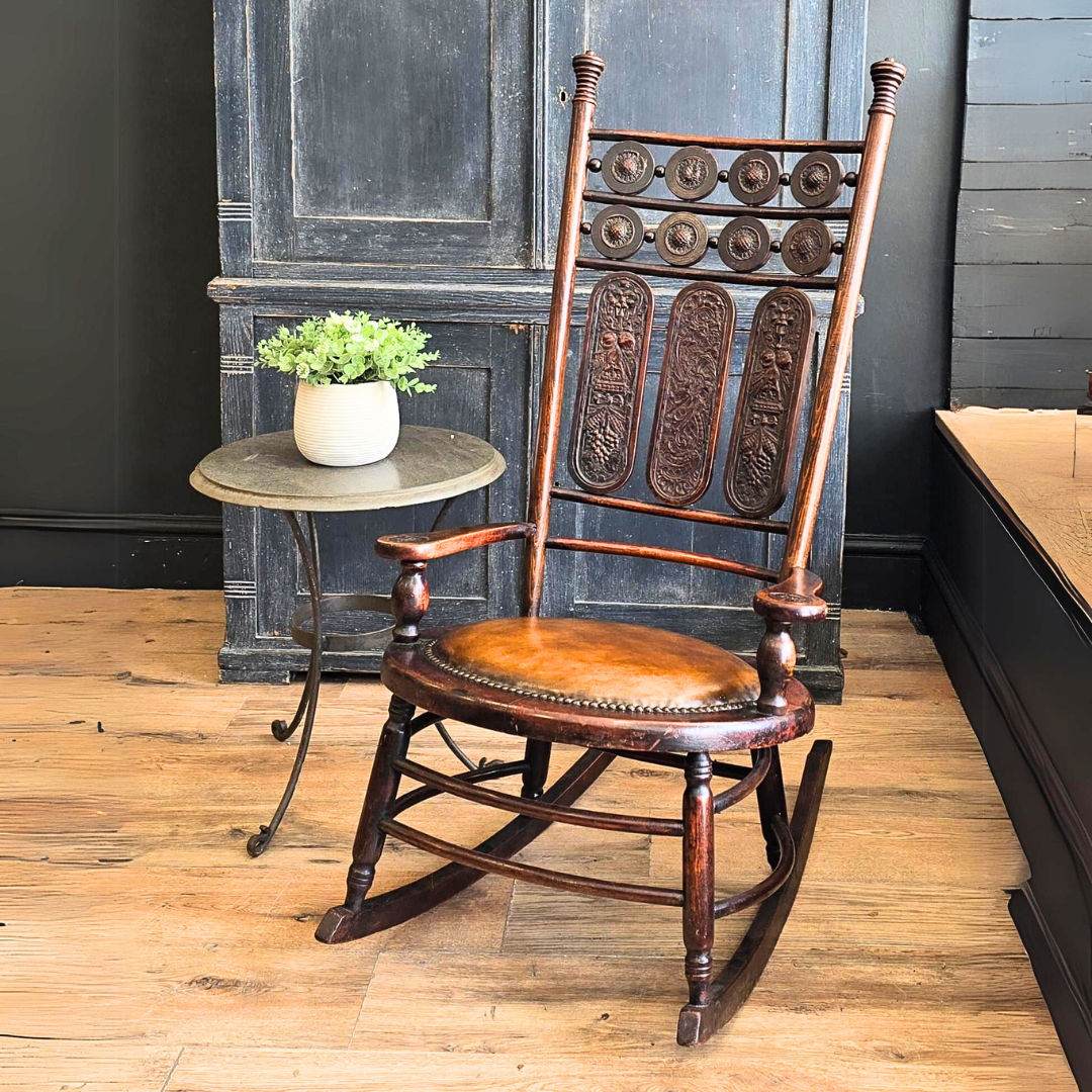Antique 1910 Oak and Leather Pair of Rocking Chairs