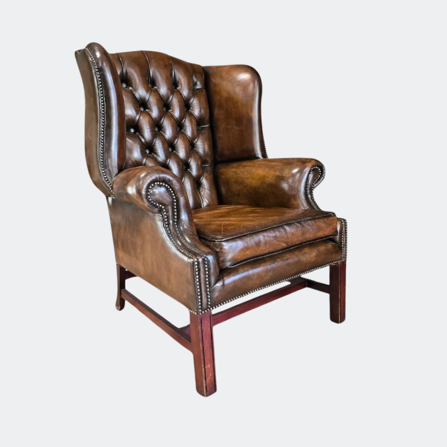 Classic Brown Leather Button Back Wing Armchair