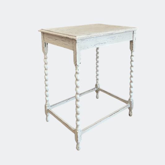 1920s White Painted Oak Side Table with Barley Twist Leg