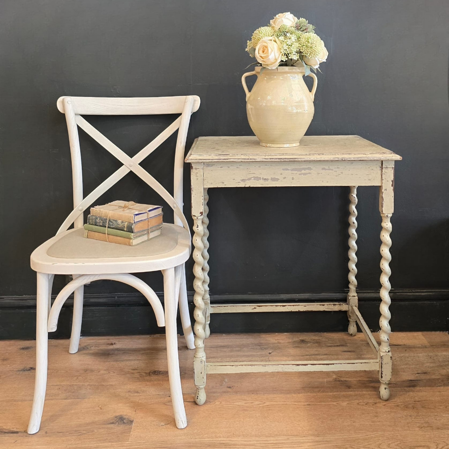1920s White Painted Oak Side Table with Barley Twist Leg