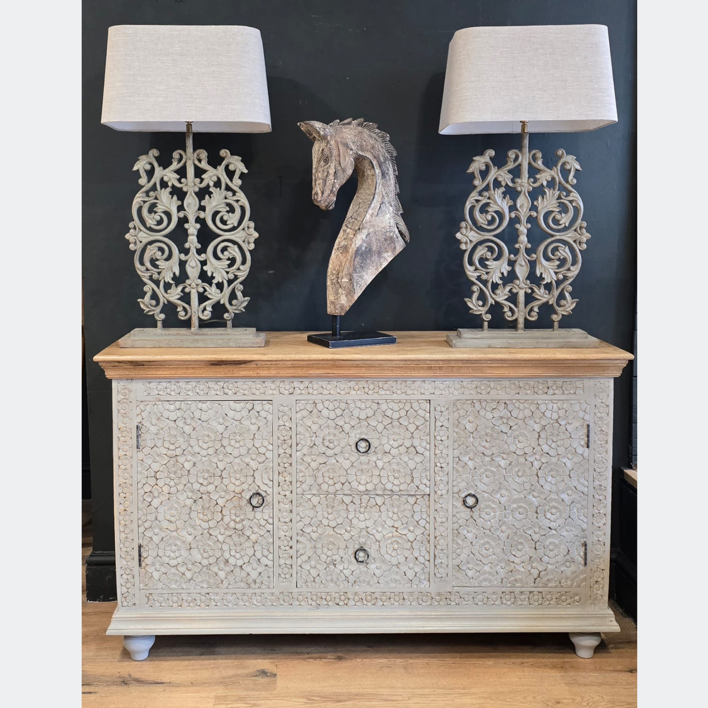 Carved Hand Painted Mango Wood Sideboard