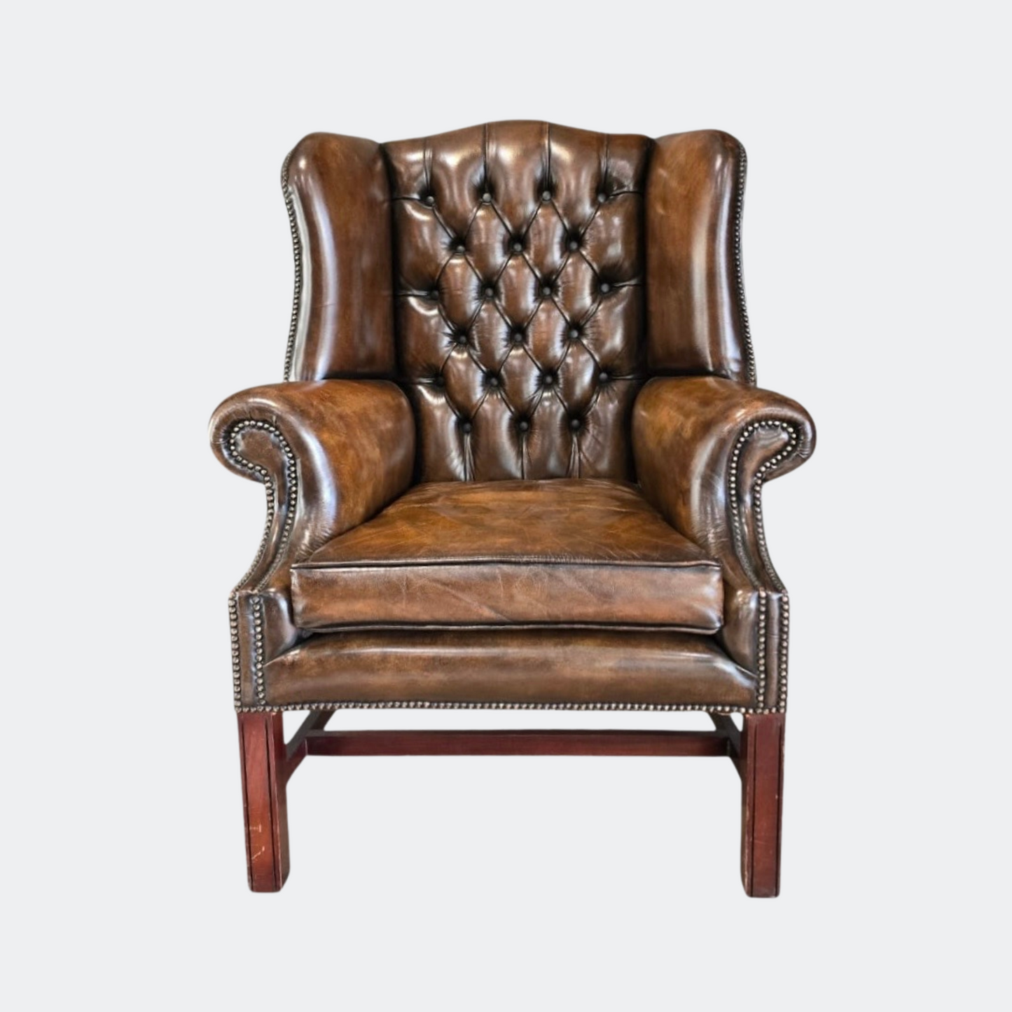 Classic Brown Leather Button Back Wing Armchair