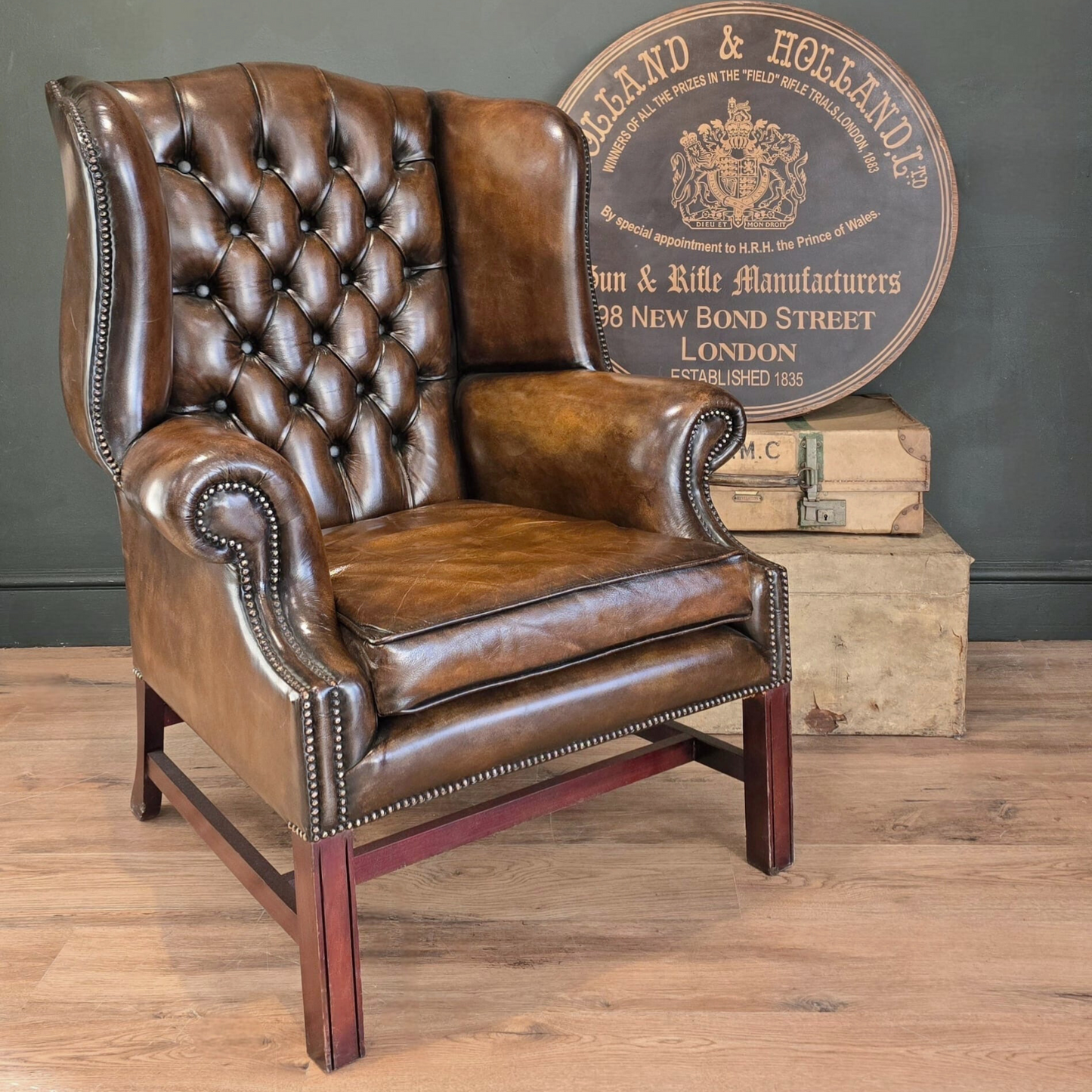 Classic Brown Leather Button Back Wing Armchair