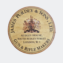 Load image into Gallery viewer, Wooden James Purdey And Sons Gun Makers Sign
